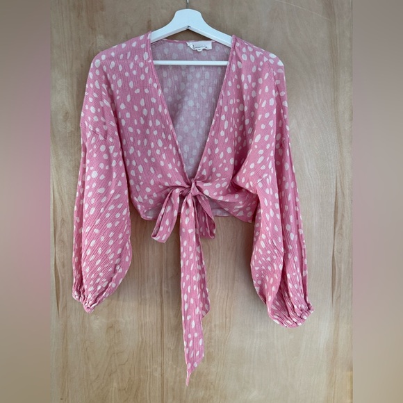 Anthropologie Pink Polka Dot Tie-Front Blouse - Picture 7 of 15